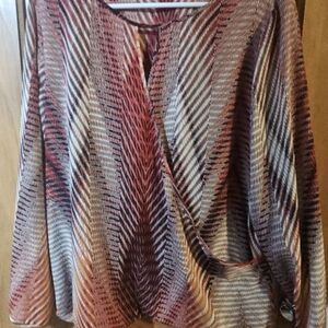 Chico's V-Neck Faux Wrap Blouse in Red and Brown Tones